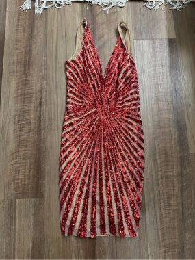 Black Label Red Sequin Midi Dress with V-Neck